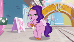 Size: 800x450 | Tagged: safe, imported from derpibooru, screencap, pipp petals, pegasus, pony, spoiler:g5, spoiler:my little pony: tell your tale, spoiler:tyts01e07, anatomically incorrect, animated, bipedal, clip trot, dancing, everyday i'm shufflin', female, g5, gif, incorrect leg anatomy, looking at you, mare, maretime bay, moonwalk, my little pony: tell your tale, shuffle, solo, wings, youtube link