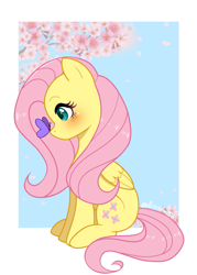 Size: 1571x2191 | Tagged: safe, artist:aliceshionotaku, imported from derpibooru, fluttershy, butterfly, pegasus, pony, blushing, butterfly on nose, cute, female, flower, flower petals, folded wings, insect on nose, looking at something, mare, profile, shyabetes, sitting, solo, tree branch, wings