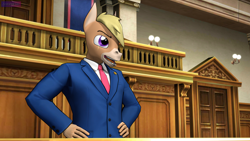 Size: 3840x2160 | Tagged: safe, artist:antonsfms, imported from derpibooru, oc, oc only, oc:nickyequeen, anthro, donkey, 3d, ace attorney, alternate universe, anthro oc, attorney, badge, banner, clothes, commission, commissioner:nickyequeen, court, courtroom, crossover, desk, donkey oc, formal attire, formal wear, high res, image set, male, necktie, nickywright, open mouth, phoenix wright, solo, source filmmaker, suit, yelling