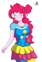 Size: 1280x1920 | Tagged: safe, artist:dibujoschidosdelabad, imported from derpibooru, pinkie pie, human, equestria girls, blushing, clothes, cutie mark on clothes, dress, eyes closed, ponytail, simple background, solo, transparent background