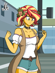 Size: 1200x1600 | Tagged: safe, artist:dibujoschidosdelabad, imported from derpibooru, sunset shimmer, vignette valencia, human, equestria girls, equestria girls series, alternate hairstyle, big breasts, breasts, busty sunset shimmer, cleavage, clothes swap, female, flower, flower in hair, hairstyle swap, holly, redraw, short hair, solo