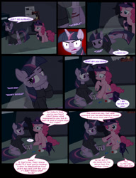 Size: 1042x1358 | Tagged: safe, artist:dendoctor, imported from derpibooru, mean twilight sparkle, pinkie pie, twilight sparkle, alicorn, earth pony, pony, comic:clone.., alternate universe, bandage, clone, clothes, comic, female, first aid kit, injured, pinkie clone, taffy, twilight sparkle (alicorn)