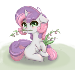 Size: 1500x1411 | Tagged: safe, artist:inkypuso, imported from derpibooru, sweetie belle, pony, unicorn, blank flank, blushing, cute, diasweetes, eyebrows, eyebrows visible through hair, female, filly, floppy ears, flower, foal, grass, lily of the valley, mouth hold, shadow, simple background, sitting, smiling, solo, weapons-grade cute, white background