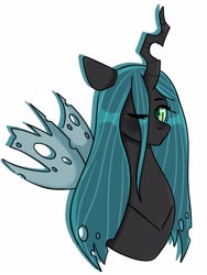 Size: 1620x2160 | Tagged: safe, artist:yumeicat, imported from derpibooru, queen chrysalis, changeling, changeling queen, bust, canterlot wedding 10th anniversary, female, looking at you, one eye closed, simple background, solo, solo female, white background, wink