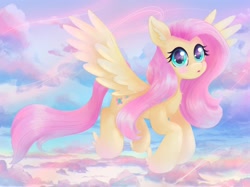 Size: 2732x2048 | Tagged: safe, artist:saphypone, imported from derpibooru, fluttershy, pegasus, pony, blushing, chest fluff, cute, ear fluff, female, fluttershy day, flying, high res, hoof fluff, looking at you, mare, open mouth, shyabetes, sky, sky background, solo, spread wings, three quarter view, wings