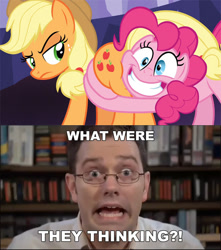 Size: 584x661 | Tagged: safe, edit, edited screencap, imported from derpibooru, screencap, applejack, pinkie pie, earth pony, pony, shadow play, angry video game nerd, butt touch, butthug, hug, james rolfe, pinkie hugging applejack's butt, what were they thinking