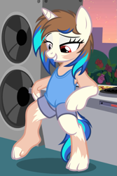 Size: 765x1143 | Tagged: safe, artist:anonymous, imported from derpibooru, dj pon-3, vinyl scratch, unicorn, bipedal, bipedal leaning, human to pony, leaning, red eyes, show accurate, transformation