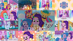 Size: 1280x720 | Tagged: safe, edit, edited screencap, editor:quoterific, imported from derpibooru, screencap, hitch trailblazer, izzy moonbow, jazz (g5), pipp petals, queen haven, sunny starscout, thunder (g5), zipp storm, earth pony, pegasus, pony, unicorn, spoiler:g5, spoiler:my little pony: tell your tale, spoiler:tyts01e07, :o, alphabittle blossomforth, cellphone, clip trot, female, g5, hoof hold, male, mane five (g5), mare, my little pony: tell your tale, open mouth, open smile, phone, rain, smartphone, smiling, stallion, sunglasses, text, tree, wet, wet mane, zoom zephyrwing