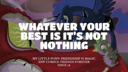 Size: 1280x720 | Tagged: safe, edit, editor:quoterific, idw, imported from derpibooru, basil, princess luna, spike, alicorn, dragon, pony, friends forever, spoiler:comic, female, male, mare, spread wings, text, trio, wings