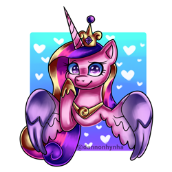 Size: 1378x1378 | Tagged: safe, artist:dannonhynha, imported from derpibooru, princess cadance, alicorn, pony, canterlot wedding 10th anniversary, crown, cute, ears, ears up, hair, heart, heart eyes, hooves, hooves up, horn, jewelry, looking at you, lovely, passepartout, regalia, simple background, smiling, smiling at you, solo, spread wings, wingding eyes, wings