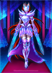 Size: 2893x4044 | Tagged: safe, artist:minamikoboyasy, imported from derpibooru, oc, oc only, oc:selune darkeye, anthro, plantigrade anthro, unicorn, armor, armor skirt, banner, blade, blades, body markings, carpet, cloak, clothes, coat markings, commission, curtains, ear fluff, epaulettes, flowing mane, flowing tail, gauntlet, helmet, horn, looking at you, markings, mealy mouth (coat marking), moon, redhead, skirt, smiling, smiling at you, solo, sword, tail, unicorn oc, visor, walking, walking towards you, weapon, window