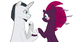 Size: 747x411 | Tagged: safe, artist:decokenite, artist:the technocat, imported from derpibooru, chancellor neighsay, fizzlepop berrytwist, tempest shadow, pony, unicorn, bandage, bandaged leg, blushing, facial hair, female, grumble, i ship it, looking at someone, looking at something, male, mare, shipping, stallion, straight, tempest neighsay