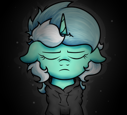 Size: 1282x1158 | Tagged: safe, artist:background basset, imported from derpibooru, lyra heartstrings, pony, unicorn, black background, bust, clothes, depression, dig the swell hoodie, eyes closed, front view, hoodie, solo