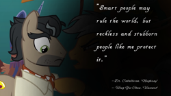 Size: 969x541 | Tagged: safe, artist:decokenite, imported from derpibooru, screencap, doctor caballeron, quibble pants, earth pony, pony, stranger than fan fiction, book:neighsay x vincenzo quotes, fimfiction, hong yu-chan, male, quote, stallion, vincenzo