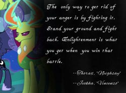 Size: 4096x3018 | Tagged: safe, artist:decokenite, edit, edited screencap, imported from derpibooru, screencap, princess luna, thorax, changedling, changeling, to where and back again, book:neighsay x vincenzo quotes, cropped, fimfiction, jeokha, king thorax, male, quote, solo focus, vincenzo