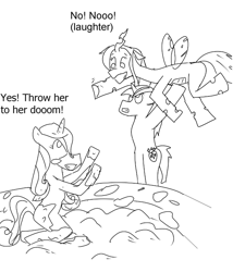 Size: 744x870 | Tagged: safe, artist:php162, imported from derpibooru, princess cadance, queen chrysalis, shining armor, canterlot wedding 10th anniversary, dialogue, monochrome, mud, sketch