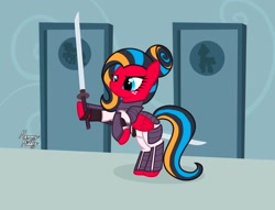 Size: 2360x1807 | Tagged: safe, artist:mommymidday, imported from derpibooru, pegasus, pony, bathroom, clothes, guard, ronin, show accurate, suit, windblade