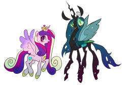 Size: 2194x1466 | Tagged: safe, artist:pinfeather, derpibooru exclusive, imported from derpibooru, princess cadance, queen chrysalis, alicorn, changeling, changeling queen, pony, canterlot wedding 10th anniversary, colored wings, crown, cute, cutealis, cutedance, duo, female, jewelry, mare, regalia, simple background, transparent background, two toned wings, wings