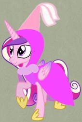 Size: 671x984 | Tagged: safe, artist:darlycatmake, imported from derpibooru, princess cadance, alicorn, cape, clothes, costume swap, cover, hat, hennin, jewelry, looking at someone, looking at something, looking up, princess, raised hoof, robe, robes