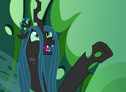 Size: 3293x2411 | Tagged: safe, artist:sketchmcreations, imported from derpibooru, queen chrysalis, changeling, changeling queen, to where and back again, canterlot wedding 10th anniversary, female, gradient background, green background, inkscape, open mouth, raised hoof, redraw, scene interpretation, simple background, throne, vector