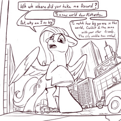 Size: 1500x1500 | Tagged: safe, artist:tsitra360, imported from derpibooru, discord, fluttershy, pegasus, pony, city, dialogue, discord (program), discord being discord, female, fluttershy day, giant pony, giantess, grayscale, low angle, macro, mare, monochrome, namesake, pun, sketch, solo focus, taxi, underhoof, visual pun