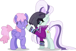 Size: 5865x3890 | Tagged: safe, artist:thatusualguy06, imported from derpibooru, coloratura, rainbowshine, earth pony, pegasus, pony, the mane attraction, .svg available, :d, ^^, absurd resolution, clothes, countess coloratura, duo, duo female, eyes closed, female, hoofsies, jacket, open mouth, open smile, raised hoof, simple background, smiling, stamp, svg, transparent background, vector, veil