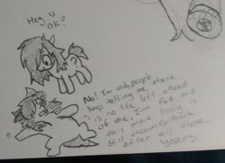 Size: 2048x1483 | Tagged: safe, artist:pony quarantine, imported from derpibooru, oc, oc only, oc:anon-mare, earth pony, pony, dialogue, duo, existential crisis, female, grayscale, hair over one eye, lying down, mare, monochrome, on back, pencil drawing, traditional art