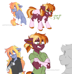 Size: 2455x2501 | Tagged: safe, artist:artistcoolpony, imported from derpibooru, oc, oc:auburn sky, oc:sunny harvest, anthro, earth pony, pony, coat markings, crossed arms, crying, duo focus, female, filly, foal, mare, offspring, parent:big macintosh, parent:rainbow dash, parents:rainbowmac, siblings, simple background, sisters, socks (coat markings), white background