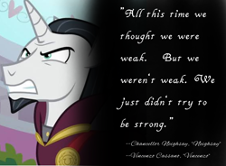 Size: 4096x3018 | Tagged: safe, artist:decokenite, edit, edited screencap, imported from derpibooru, screencap, chancellor neighsay, pony, unicorn, school raze, book:neighsay x vincenzo quotes, clothes, gritted teeth, male, quote, robe, stallion, teeth, vincenzo, vincenzo cassano