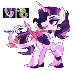 Size: 1280x1183 | Tagged: safe, artist:mirrastat, imported from derpibooru, discord, twilight sparkle, oc, alicorn, draconequus, hybrid, pony, alicorn oc, base used, colored wings, discolight, eyelashes, female, hoof shoes, horn, interspecies offspring, looking back, male, mare, offspring, parent:discord, parent:twilight sparkle, parents:discolight, raised hoof, shipping, simple background, solo, stallion, straight, transparent background, two toned wings, wings