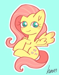 Size: 882x1115 | Tagged: safe, artist:oekakikumao, imported from derpibooru, fluttershy, pegasus, pony, blue background, female, looking at you, mare, simple background, smiling, smiling at you, solo, wings