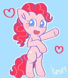 Size: 976x1115 | Tagged: safe, artist:oekakikumao, imported from derpibooru, pinkie pie, earth pony, pony, bipedal, blue background, female, heart, looking at you, mare, open mouth, open smile, simple background, smiling, smiling at you, solo