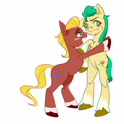 Size: 3543x3543 | Tagged: safe, artist:sldnicot, imported from derpibooru, hitch trailblazer, sprout cloverleaf, earth pony, pony, bipedal, bipedal leaning, colored hooves, embarrassed, g5, gay, hitchsprout, leaning, male, my little pony: a new generation, shipping, simple background, stallion, stallion on stallion, unshorn fetlocks, white background