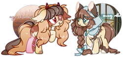 Size: 2964x1386 | Tagged: safe, artist:cafne, imported from derpibooru, oc, oc only, earth pony, pony, base used, braid, clothes, duo, ear fluff, earth pony oc, eyelashes, eyepatch, female, horns, mare, raised hoof, simple background, smiling, socks, transparent background