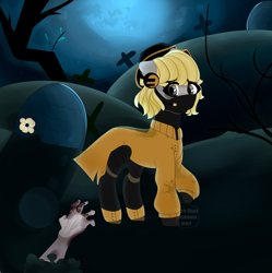 Size: 4338x4347 | Tagged: safe, artist:nikachyy, imported from derpibooru, oc, oc only, earth pony, pony, undead, zombie, clothes, earth pony oc, gravestone, outdoors, worried