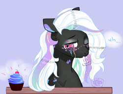 Size: 2460x1890 | Tagged: safe, artist:nikachyy, imported from derpibooru, oc, oc only, earth pony, pony, bust, cupcake, earth pony oc, food, makeup, one eye closed, running makeup, solo, wink