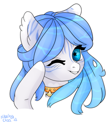 Size: 903x984 | Tagged: safe, artist:nikachyy, imported from derpibooru, oc, oc only, earth pony, pony, bust, collar, ear fluff, earth pony oc, eyelashes, female, grin, mare, one eye closed, simple background, smiling, starry eyes, white background, wingding eyes, wink