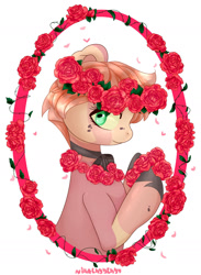 Size: 1280x1748 | Tagged: safe, artist:nikachyy, imported from derpibooru, oc, oc only, earth pony, pony, earth pony oc, female, floral head wreath, flower, mare, rose, simple background, solo, unshorn fetlocks, white background