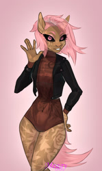 Size: 1280x2152 | Tagged: safe, artist:meggychocolatka, imported from derpibooru, oc, oc only, anthro, earth pony, black sclera, clothes, earth pony oc, eyelashes, female, hand on hip, solo, tattoo, waving