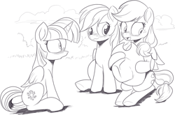 Size: 1671x1104 | Tagged: safe, artist:nauyaco, imported from derpibooru, applejack, rainbow dash, twilight sparkle, alicorn, earth pony, pegasus, pony, appledash, blushing, female, hat, lesbian, mare, monochrome, shipping, twilight sparkle (alicorn)