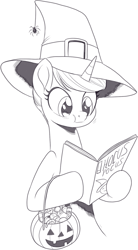 Size: 897x1622 | Tagged: safe, artist:nauyaco, imported from derpibooru, oc, pony, spider, unicorn, book, candy, food, halloween, hat, holiday, monochrome, pumpkin bucket, solo, witch hat