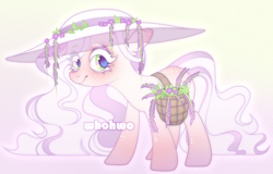 Size: 1492x954 | Tagged: safe, artist:whohwo, imported from derpibooru, oc, oc only, earth pony, pony, earth pony oc, eyelashes, female, hat, hoof shoes, makeup, mare, saddle basket, smiling, solo, sun hat