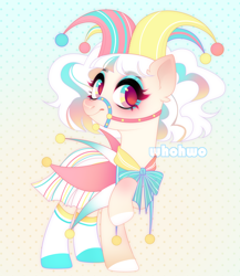 Size: 1818x2094 | Tagged: safe, artist:whohwo, imported from derpibooru, oc, oc only, earth pony, pony, colored hooves, earth pony oc, eyelashes, female, halter, hoof shoes, jester, makeup, mare, raised hoof, solo, tack