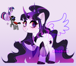 Size: 2138x1846 | Tagged: safe, artist:whohwo, imported from derpibooru, king sombra, twilight sparkle, alicorn, pony, colored hooves, eyelashes, female, fusion, hoof shoes, makeup, male, mare, purple background, raised hoof, simple background, stallion, twilight sparkle (alicorn)