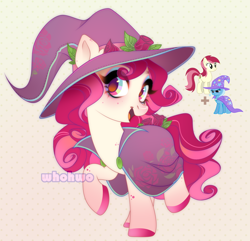 Size: 1642x1586 | Tagged: safe, artist:whohwo, imported from derpibooru, roseluck, trixie, oc, earth pony, pony, unicorn, earth pony oc, eyelashes, female, fusion, hat, hoof shoes, makeup, mare, witch hat