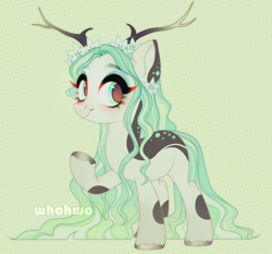 Size: 1764x1642 | Tagged: safe, artist:whohwo, imported from derpibooru, oc, oc only, deer, deer pony, original species, pony, antlers, eyelashes, female, green background, hoof polish, hoof shoes, makeup, mare, simple background
