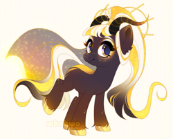 Size: 3036x2444 | Tagged: safe, artist:whohwo, imported from derpibooru, oc, oc only, pony, ethereal mane, eyelashes, female, hoof polish, hoof shoes, horns, makeup, mare, smiling, starry mane, unshorn fetlocks