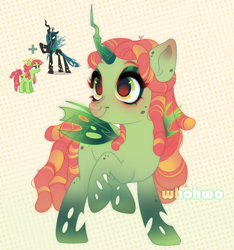 Size: 1348x1442 | Tagged: safe, artist:whohwo, imported from derpibooru, queen chrysalis, tree hugger, oc, changeling, changeling queen, earth pony, pony, changeling oc, dreadlocks, eyelashes, female, freckles, fusion, holes, horn, makeup, mare, raised hoof, simple background, wings