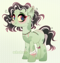 Size: 2392x2524 | Tagged: safe, artist:whohwo, imported from derpibooru, oc, oc only, earth pony, pony, undead, zombie, zombie pony, bandage, blood, earth pony oc, eyelashes, female, frankenstein's monster, makeup, mare