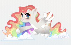 Size: 2734x1752 | Tagged: safe, artist:whohwo, imported from derpibooru, oc, oc only, pegasus, pony, blushing, cloud, colored hooves, colored wings, eyelashes, female, flying, freckles, gray background, makeup, mare, multicolored hair, pegasus oc, rainbow hair, simple background, two toned wings, wings